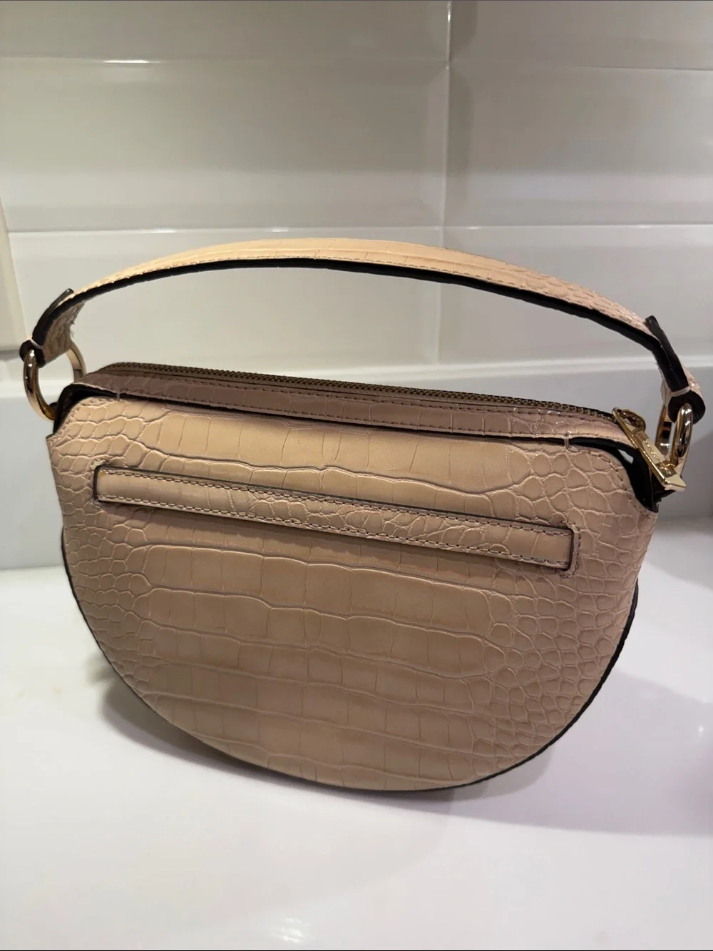 Michael Kors Croc-Embossed Mini Shoulder Bag in Beige with Gold Hardware